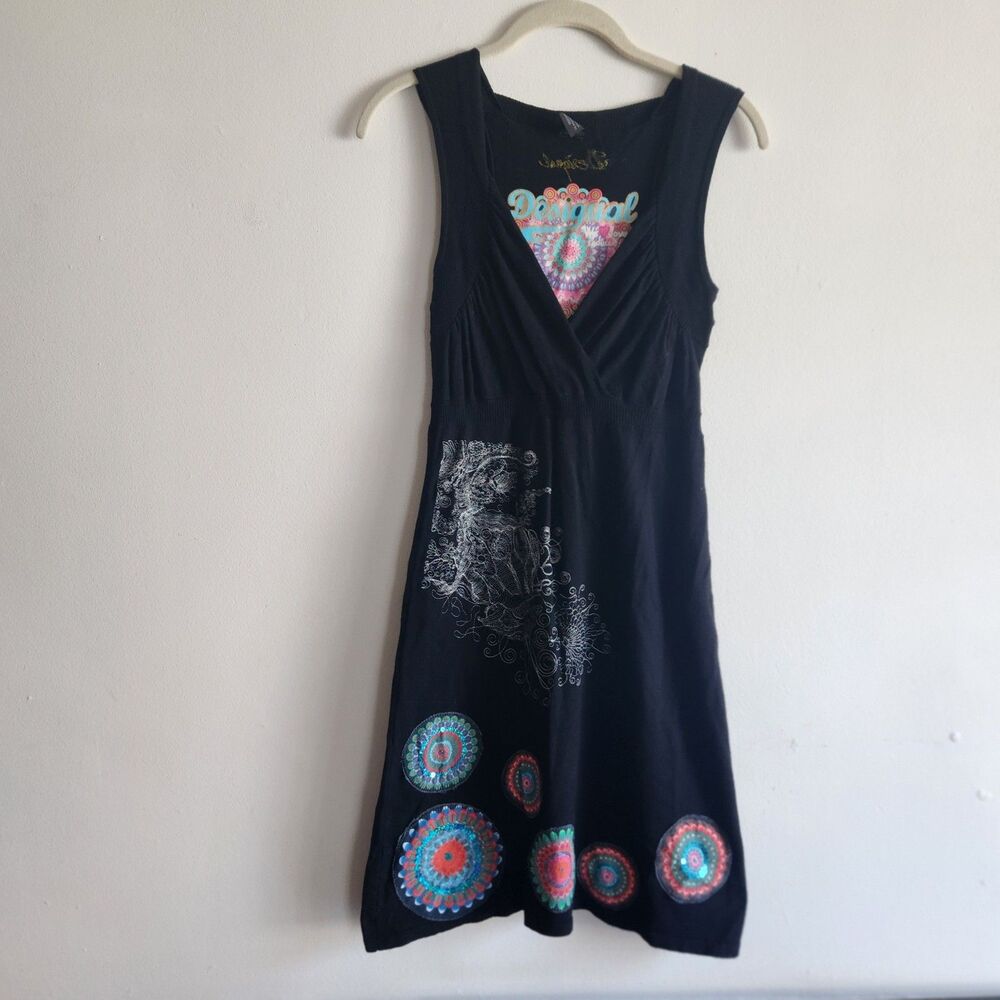 Desigual Black Sleeveless Knit Tammin Dress M Colorful Embellishments Y2K vibes